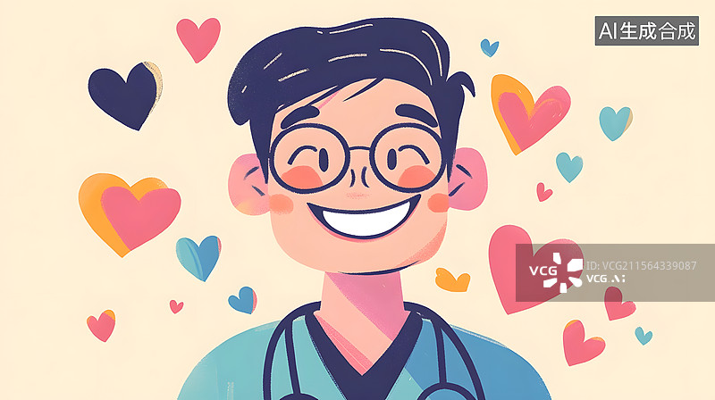 【AI数字艺术】正面微笑的不同年纪职业男孩扁平插画 彩色爱心刘海造型图片素材