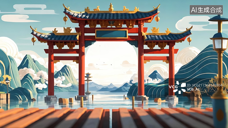 【AI数字艺术】中式牌坊景观国风插画图片素材