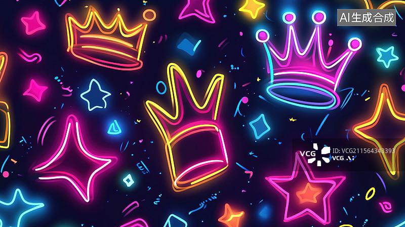 【AI数字艺术】彩色卡通风格霓虹星星和皇冠图片素材