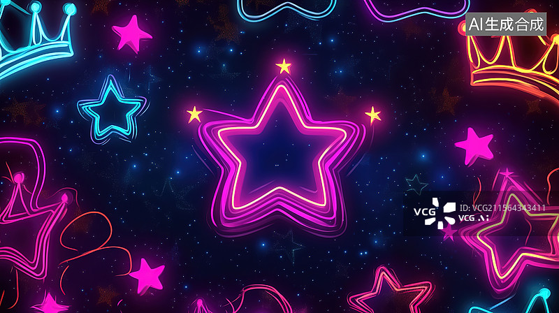 【AI数字艺术】彩色卡通风格霓虹星星和皇冠图片素材