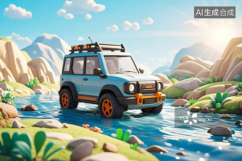 【AI数字艺术】卡通复古越野车在山间行驶三维插画图片素材