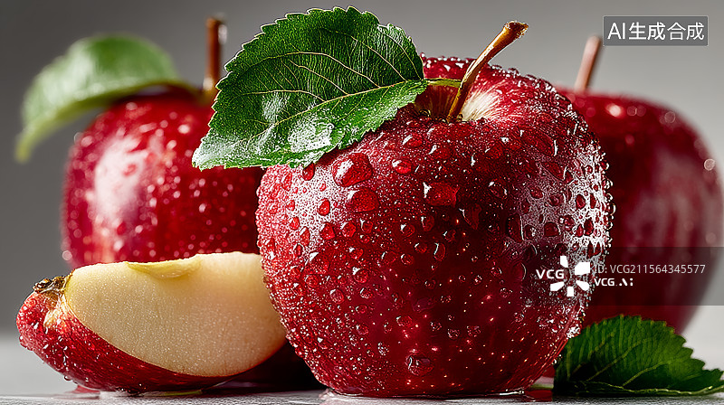 【AI数字艺术】新鲜红苹果切半展示果肉细腻质感图片素材