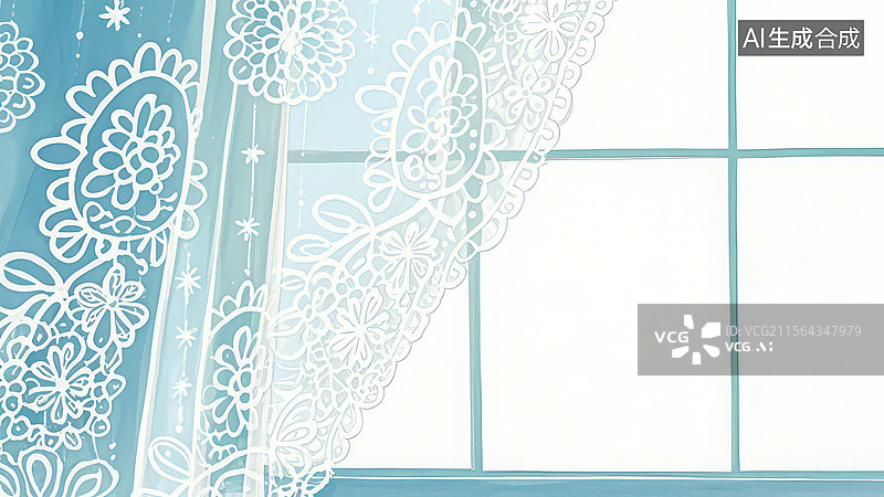 【AI数字艺术】2D卡通居左-蓝色窗框与白色蕾丝窗帘图片素材