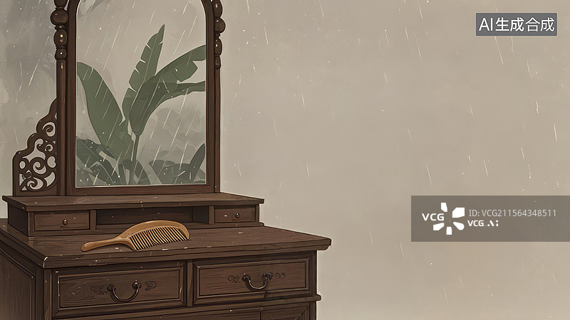 【AI数字艺术】2D卡通居左-复古梳妆台与镜子图片素材
