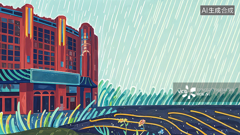 【AI数字艺术】2D卡通居左-雨中红色建筑与草地图片素材