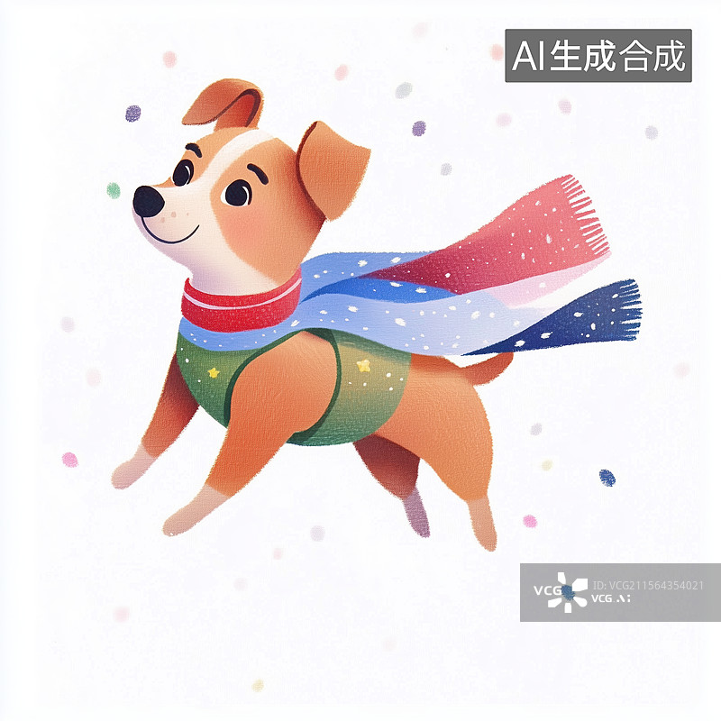 【AI数字艺术】卡通超人狗狗飞天戴披风上儿童节可爱手绘彩铅风格插画背景图片素材