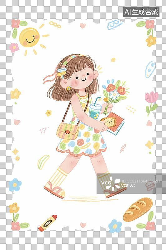 【AI数字艺术】清新多巴胺女孩快乐度假蜡笔画图片素材