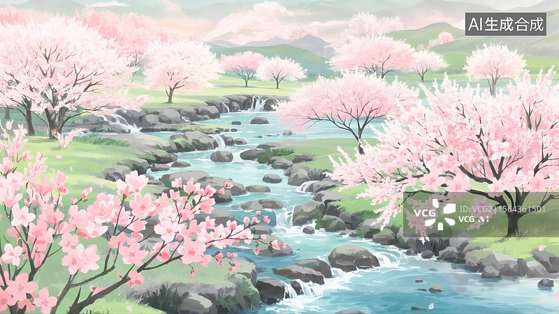 【AI数字艺术】春日烂漫桃花溪流插画图片素材
