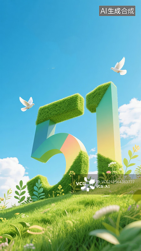 【AI数字艺术】绿色草地五一劳动节3D数字海报背景图片素材