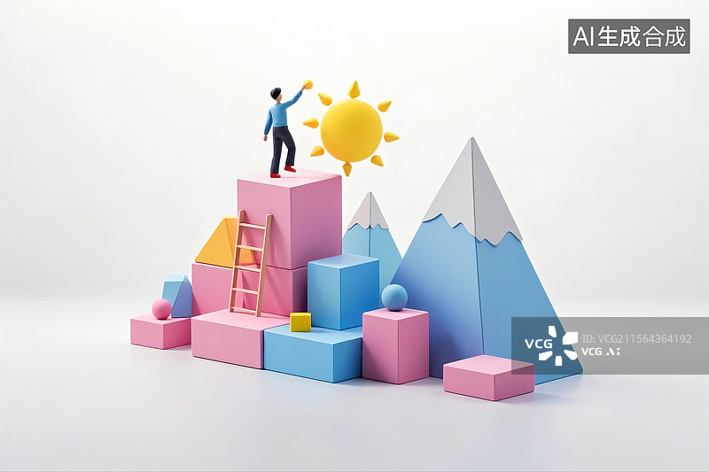 【AI数字艺术】微缩创意攀爬积木山峰场景插画图片素材