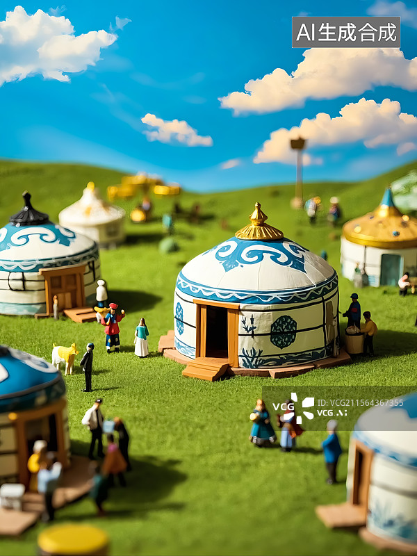 【AI数字艺术】春天草原上的蒙古包三维插画图片素材