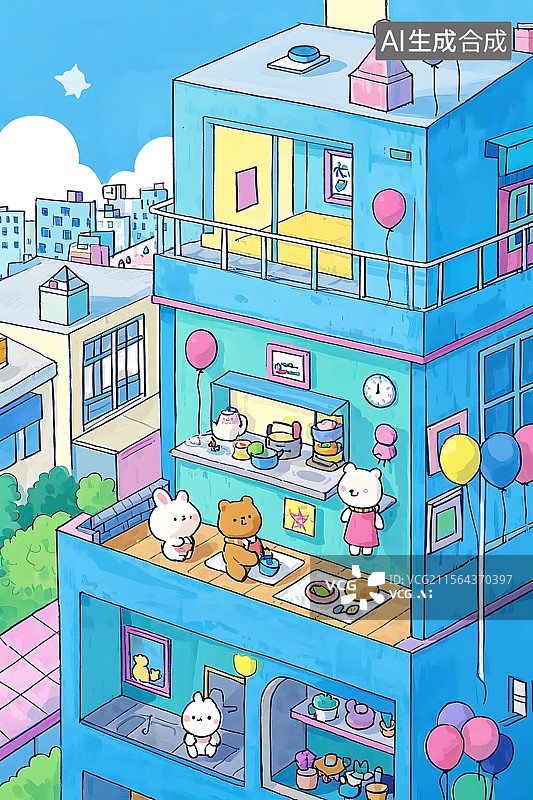 【AI数字艺术】卡通房屋可爱动物图片素材