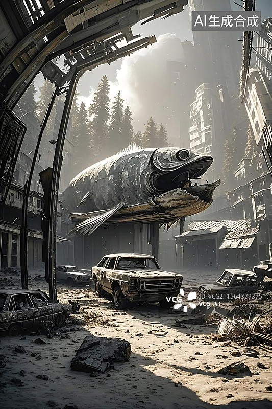 【AI数字艺术】废土城市巨型飞鱼图片素材