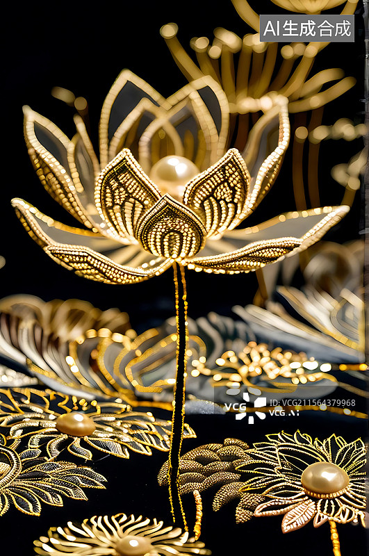 【AI数字艺术】金色花朵精美刺绣图片素材