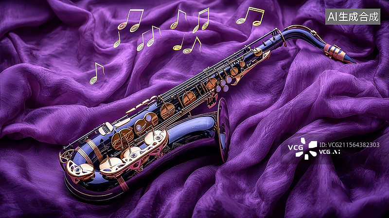 【AI数字艺术】紫色布料上的黑色萨克斯风图片素材