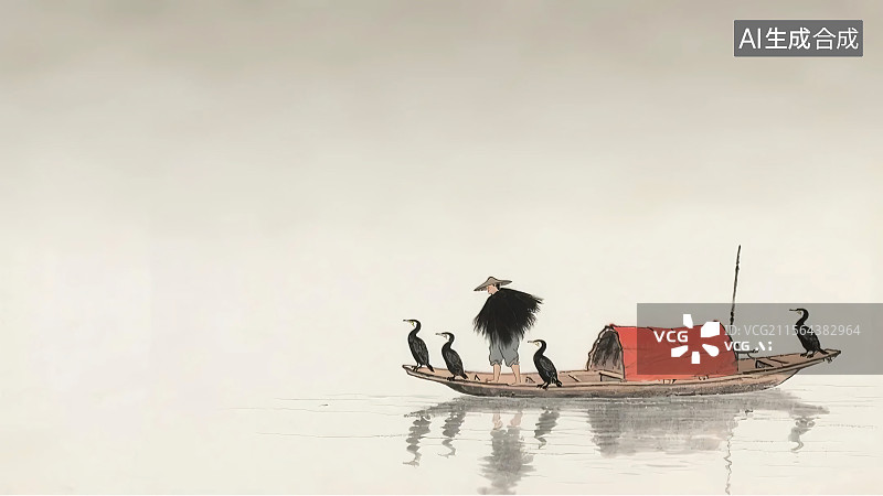 【AI数字艺术】国风水墨绘小船背景右下图片素材