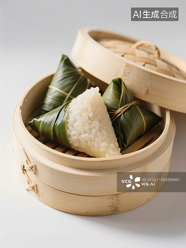 【AI数字艺术】竹蒸笼中装着用粽裹的糯米粽子图片素材