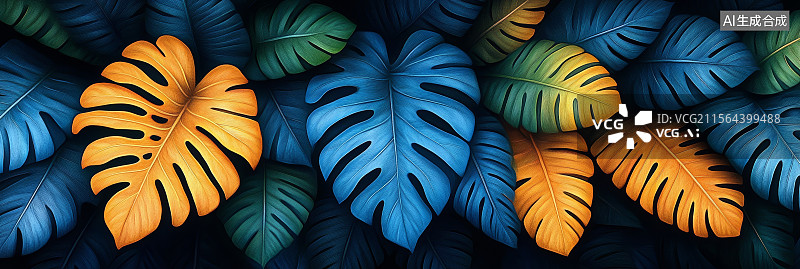 【AI数字艺术】蓝橙龟背叶热带风情图片素材