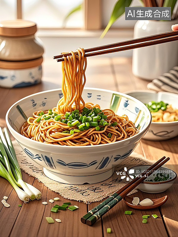 【AI数字艺术】手绘漫画风格极简主义葱油拌面图片素材