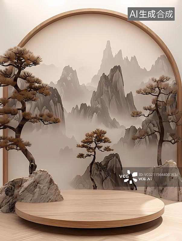 【AI数字艺术】中式山水景搭配松树圆台图片素材