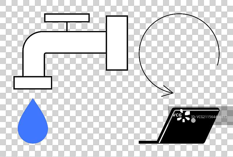 水龙头滴水靠近笔记本电脑，象征着数据流动图片素材