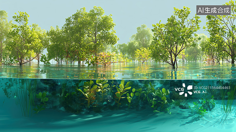 【AI数字艺术】清新水下视角剖面的热带雨林植物风景3D立体插画图片素材