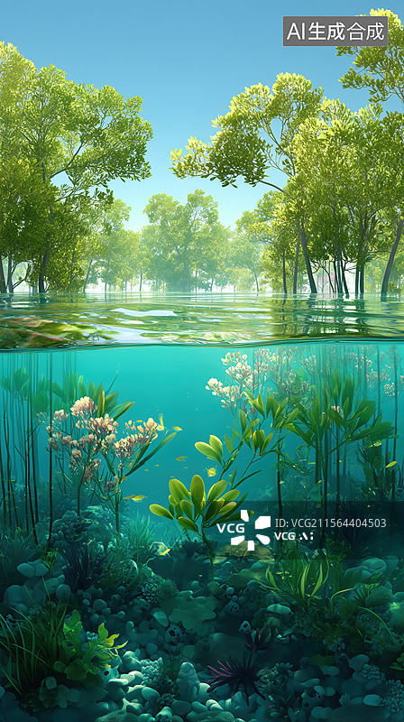 【AI数字艺术】清新水下视角剖面的热带雨林植物风景3D立体插画图片素材