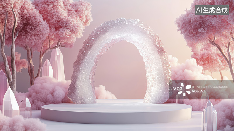 【AI数字艺术】白天晴朗广场的晶体庆典拱门舞台3D立体卡通插画图片素材