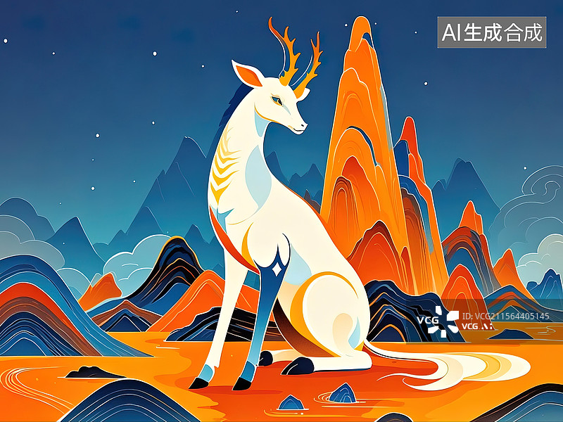 【AI数字艺术】极简主义色彩鲜亮的《山海经》描述的古代神兽白泽版画图片素材