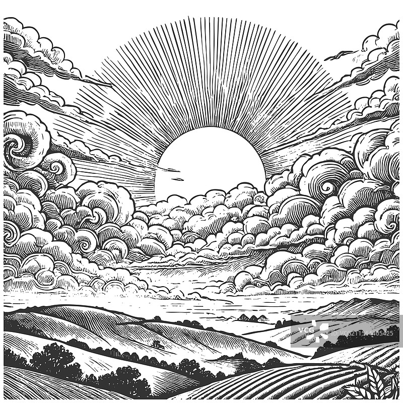 乡村起伏地带的日出雕刻图片素材