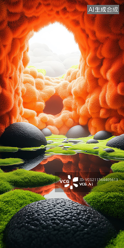 【AI数字艺术】唯美长满绿色橙色毛绒苔藓植物的洞穴3D立体卡通插画图片素材