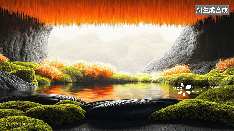 【AI数字艺术】唯美长满绿色橙色毛绒苔藓植物的洞穴3D立体卡通插画图片素材