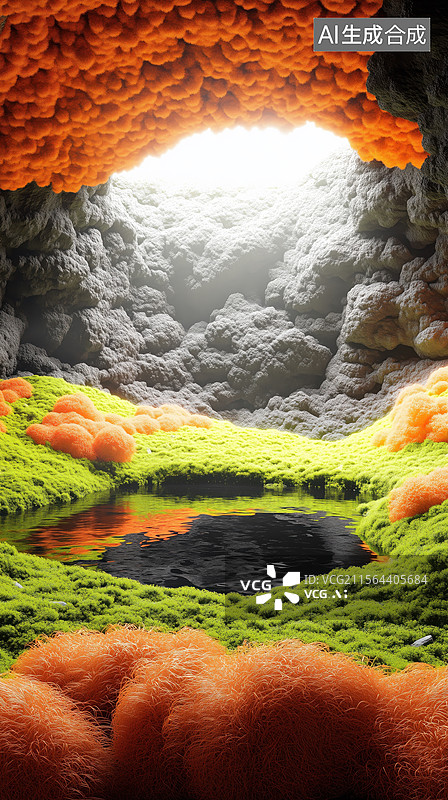 【AI数字艺术】唯美长满绿色橙色毛绒苔藓植物的洞穴3D立体卡通插画图片素材