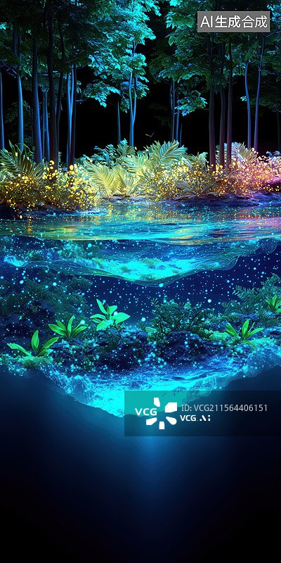 【AI数字艺术】夜晚彩色发光水下视角剖面热带雨林植物风景3D立体插画图片素材