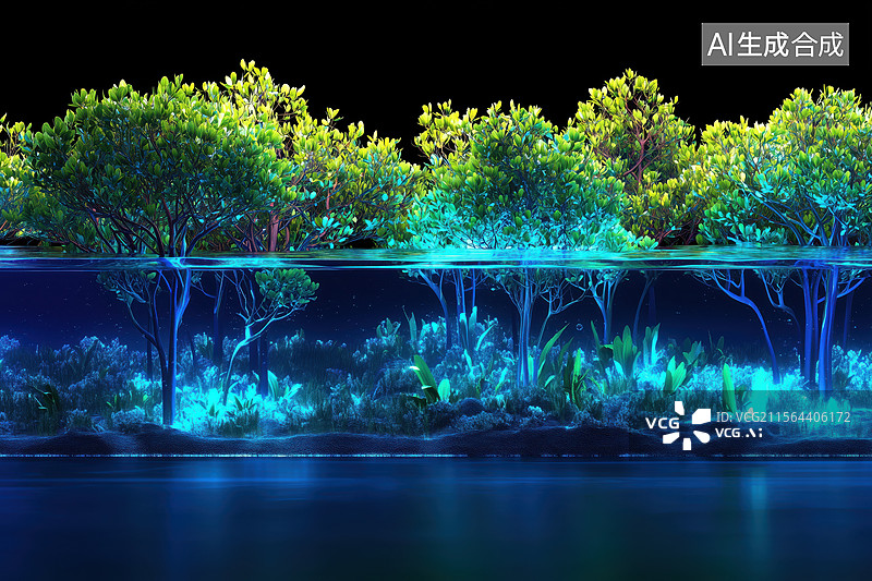 【AI数字艺术】夜晚彩色发光水下视角剖面热带雨林植物风景3D立体插画图片素材