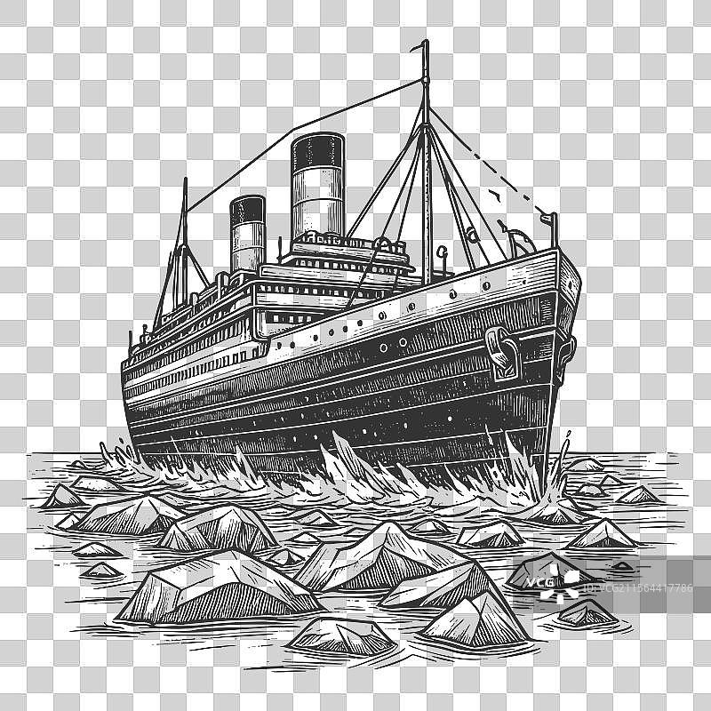 复古的远洋客轮在冰山附近航行图片素材