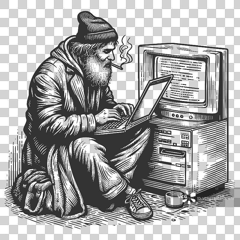 无家可归的程序员黑客游牧者在电脑上打字图片素材