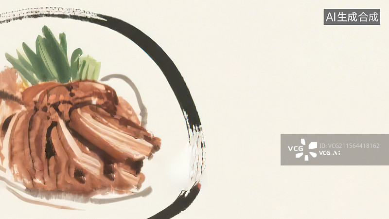 【AI数字艺术】复古中国风水墨画居左背景，新国风中华传统美食简约写意毛笔画新年国庆中秋节除夕团圆聚餐年夜饭餐厅菜品单图片素材