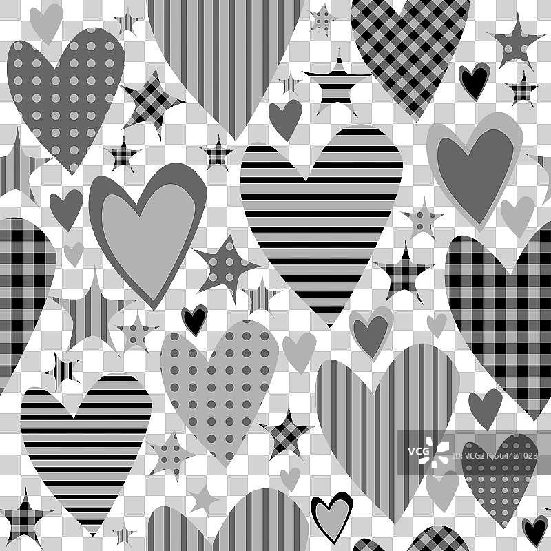 风格化的心形和星星，带有不同的图案图片素材