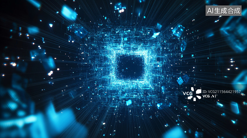 【AI数字艺术】蓝色发光的数字隧道图片素材