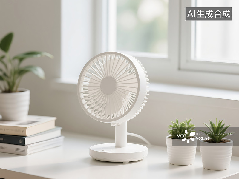 【AI数字艺术】简约桌面的清凉绿植与风扇图片素材