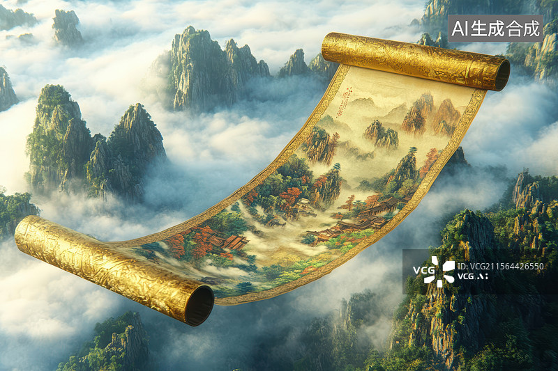【AI数字艺术】云海浮世绘古风山水画卷图片素材