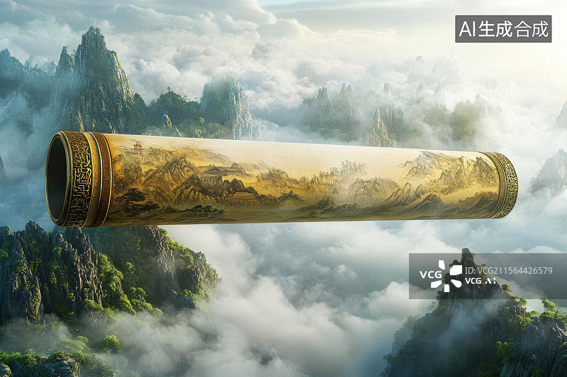 【AI数字艺术】云海浮世绘古风山水画卷图片素材