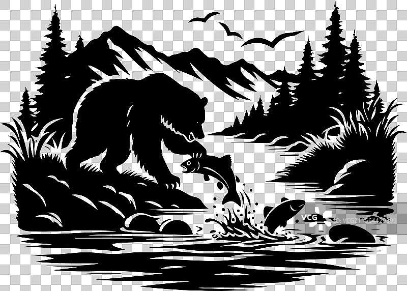 熊在溪流中捕鱼的剪影图片素材