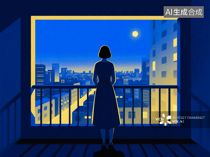 【AI数字艺术】女人站在阳台俯瞰城市夜景图片素材