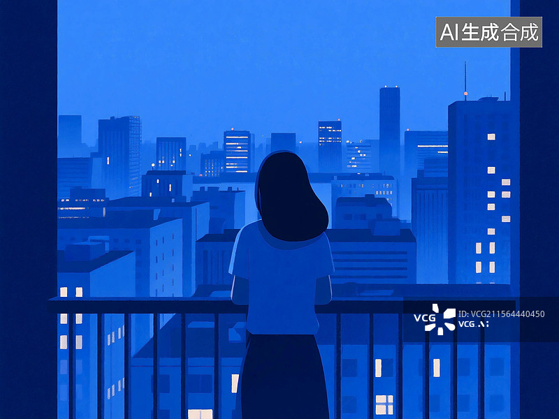 【AI数字艺术】女人站在阳台俯瞰城市夜景图片素材
