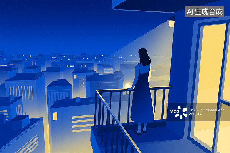 【AI数字艺术】女人站在阳台俯瞰城市夜景图片素材