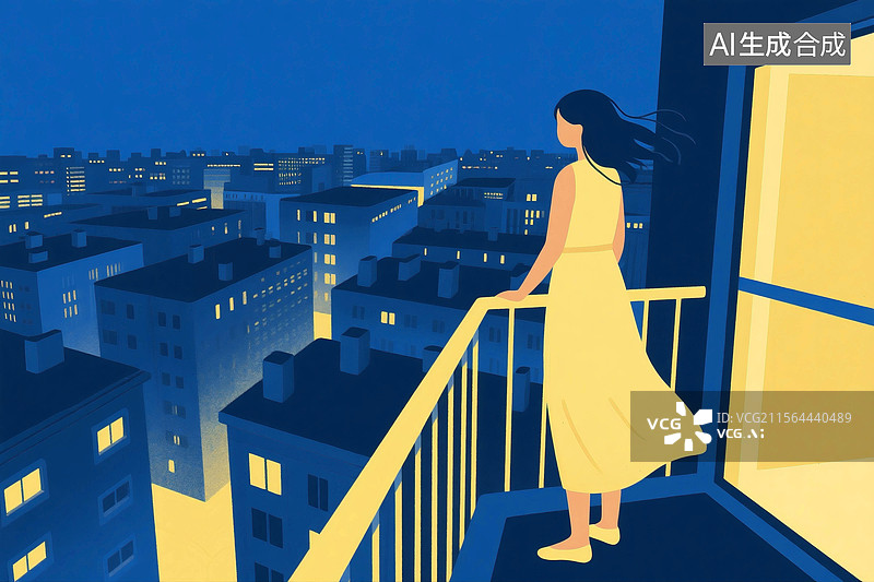 【AI数字艺术】女人站在阳台俯瞰城市夜景图片素材