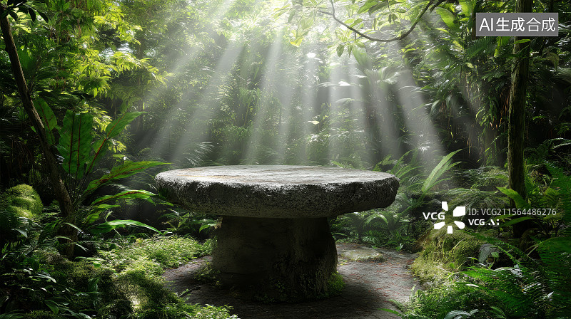 【AI数字艺术】森林里的石台，产品展台，原生态图片素材