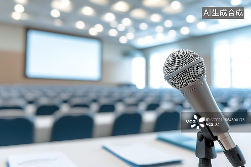 【AI数字艺术】主席台上的话筒和虚化的会议室背景图片素材